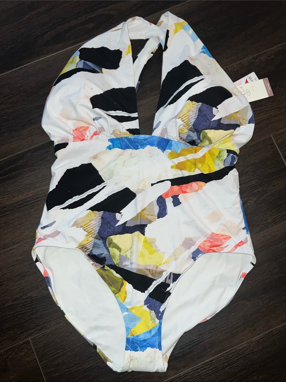 Calia Cutout Halter One Piece Swimsuit, Collage Pure White/Multi, Size: 14